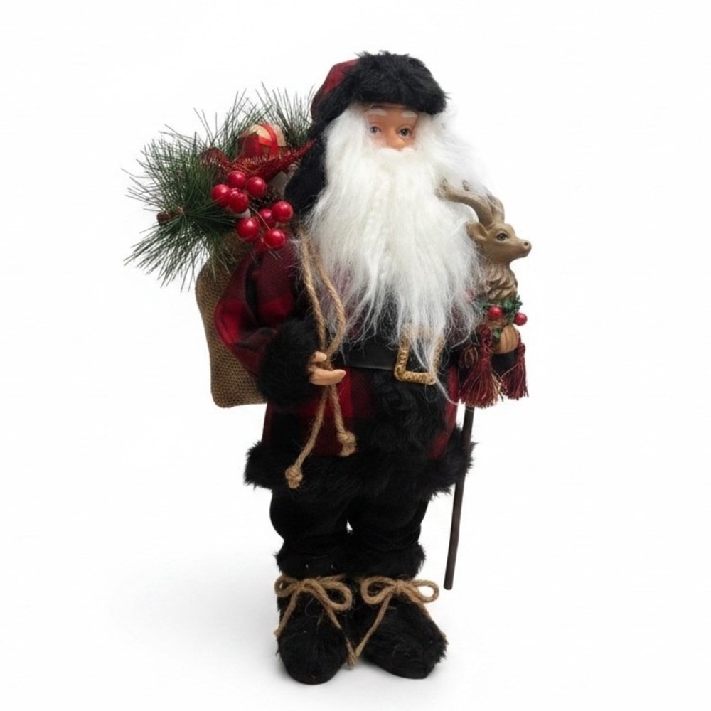 Rustic Plaid Santa Claus Figurine Reindeer Fur Trim Woodland Cabin Festive